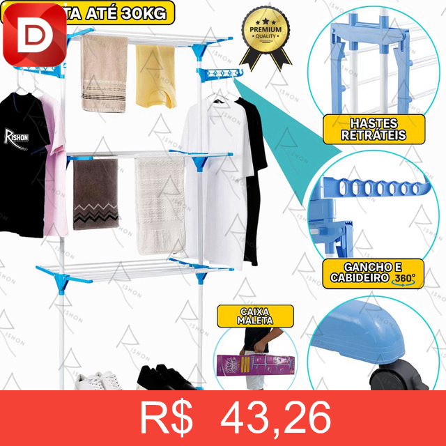 Foto do produto Varal De Chão Inox Grande De Roupas 3 Andares