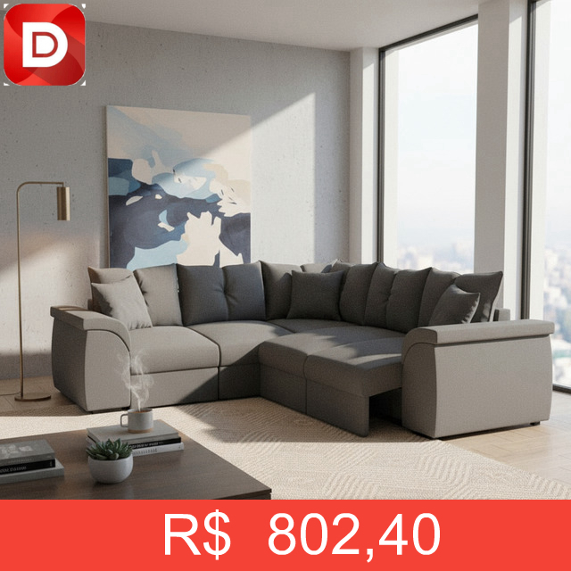 Foto do produto Sofá de Canto 5 Lugares com Retrátil Qatar Suede Cinza Selmer