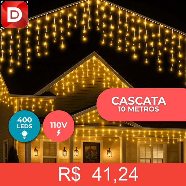 Foto do produto Cascata Cortina de Led 10m 400 Luzes Branco Quente Natal