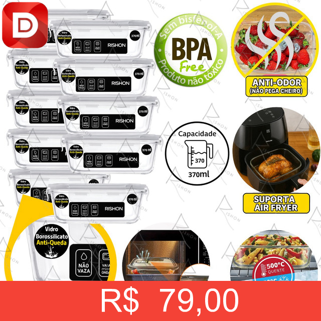 Foto do produto Kit com 10 Marmitas Vidro Hermético