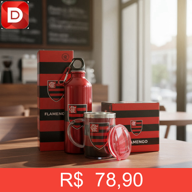 Foto do produto Kit Flamengo Caneca Térmica com Tampa e Garrafa Squeeze