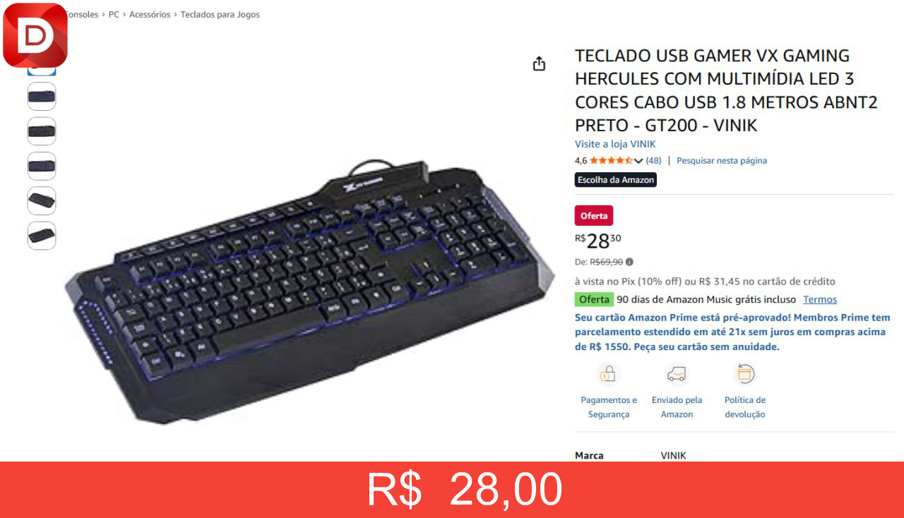 Foto do produto Teclado USB Gamer VX Gaming Hercules