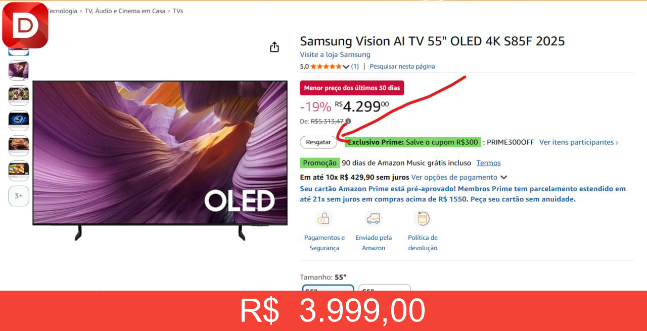 Foto do produto Samsung Vision AI TV 55 OLED 4K S85F