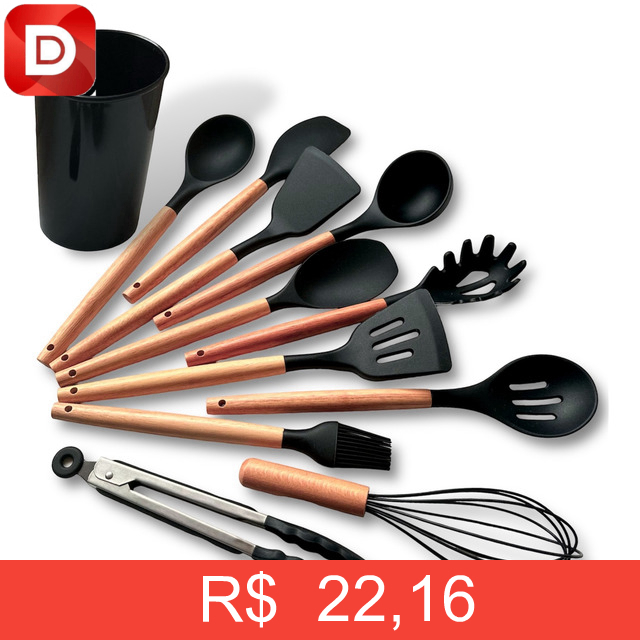 Foto do produto Kit com 12 Utensílios de Cozinha Silicone Cabo Madeira
