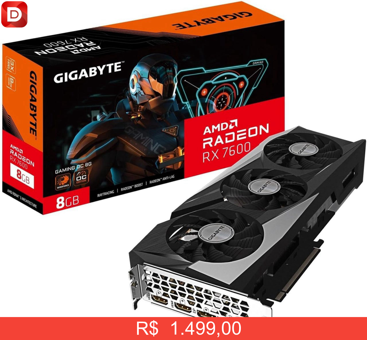 Foto do produto Placa De Vídeo Gigabyte AMD Radeon RX 7600 Gaming OC