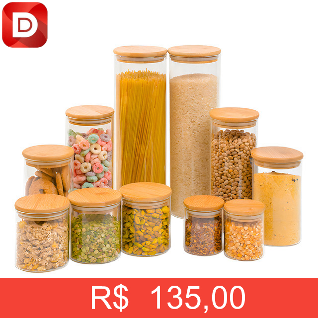 Foto do produto Kit com 11 Potes Vidro Tampa de Bambu Herméticos