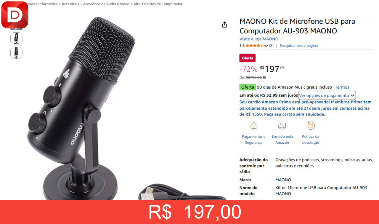 Foto do produto MAONO Kit de Microfone USB para Computador AU-903