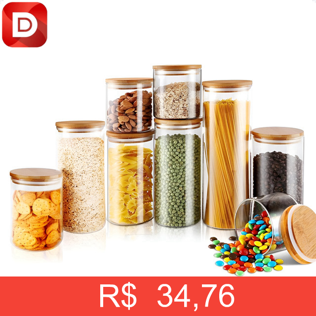 Foto do produto Kit 9 Potes Herméticos Vidro com Tampa Bambu