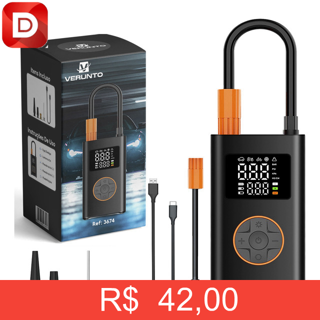 Foto do produto Mini Compressor Bomba de Ar Digital Portátil Sem Fio Calibrador De Pneus