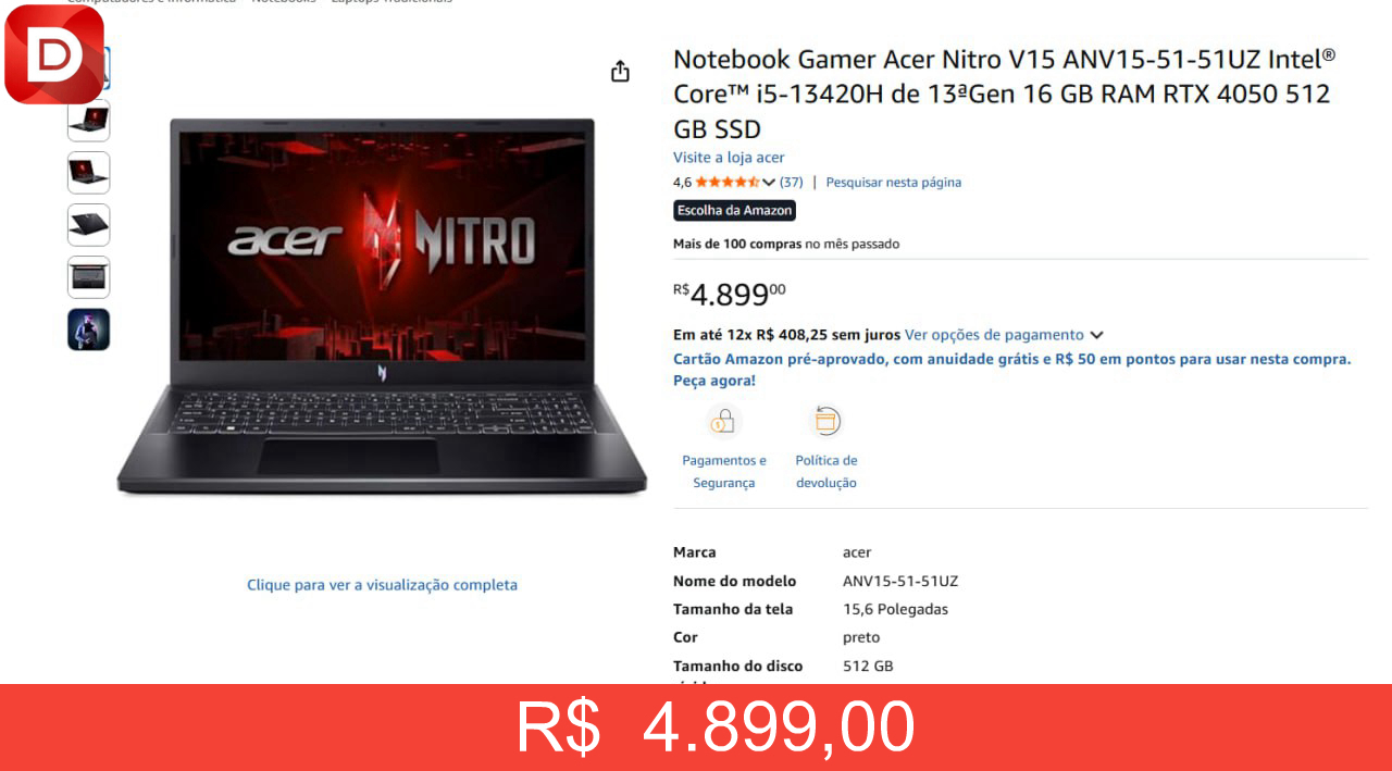 Foto do produto Notebook Gamer Acer Nitro V15