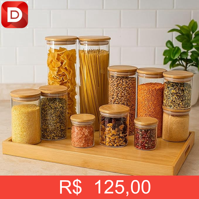 Foto do produto Conjunto com 11 Potes Herméticos de Vidro com Tampa de Bambu