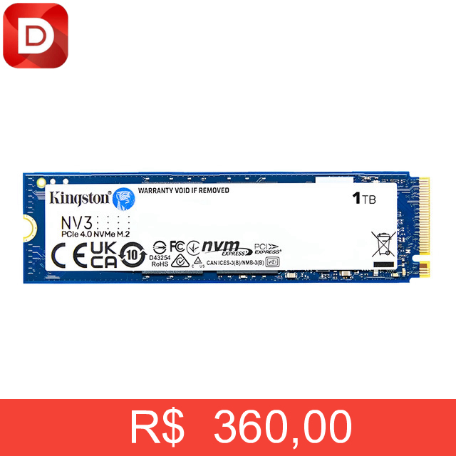 Foto do produto SSD M.2 2280 NVMe Kingston 1TB NV3