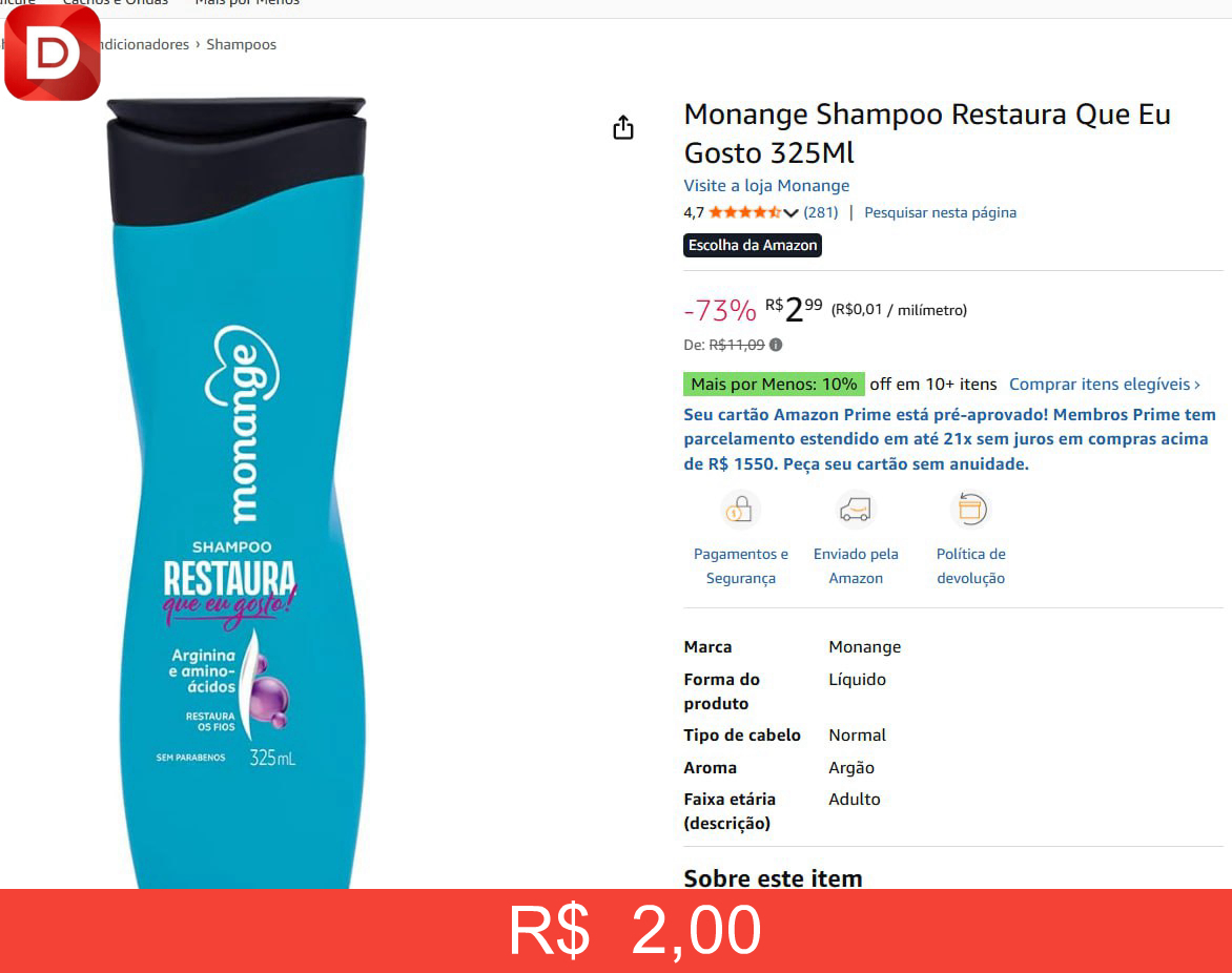 Foto do produto Monange Shampoo Restaura Que Eu Gosto