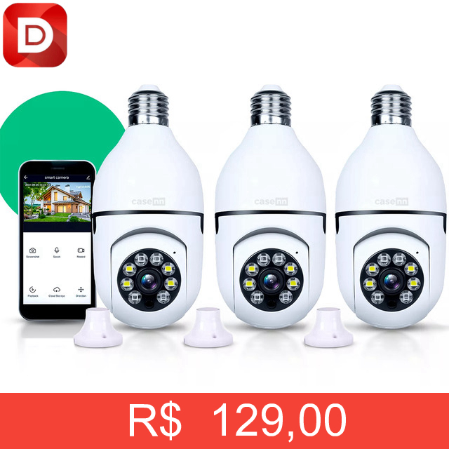 Foto do produto Kit com 3 Câmera Lâmpada De Segurança IP WiFi 360º