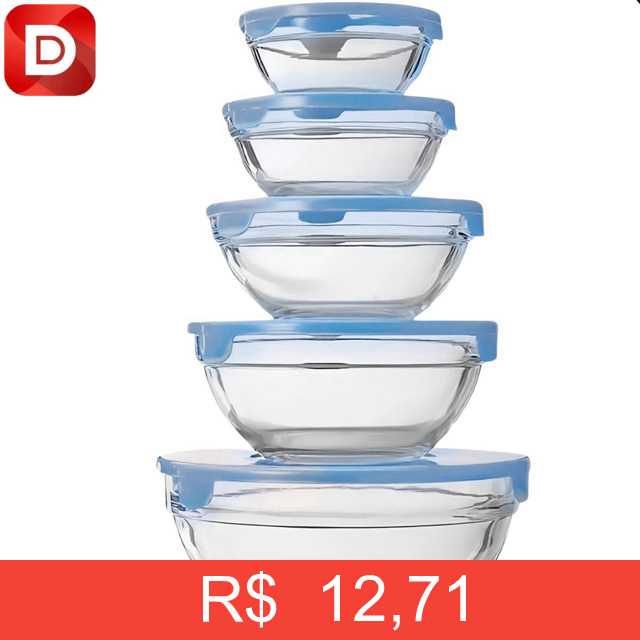 Foto do produto Conjunto 5 Potes Tigelas Vasilhas Bowls Em Vidro Com Tampa