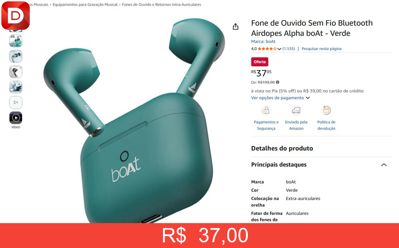 Foto do produto Fone de Ouvido Sem Fio Bluetooth Airdopes Alpha