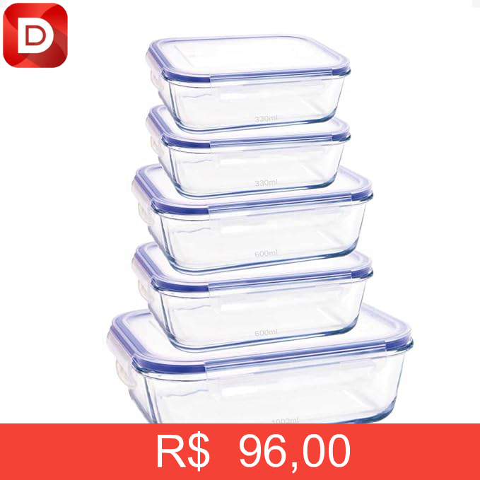 Foto do produto Kit Conjunto 5 Potes De Geladeira Hermético De Vidro