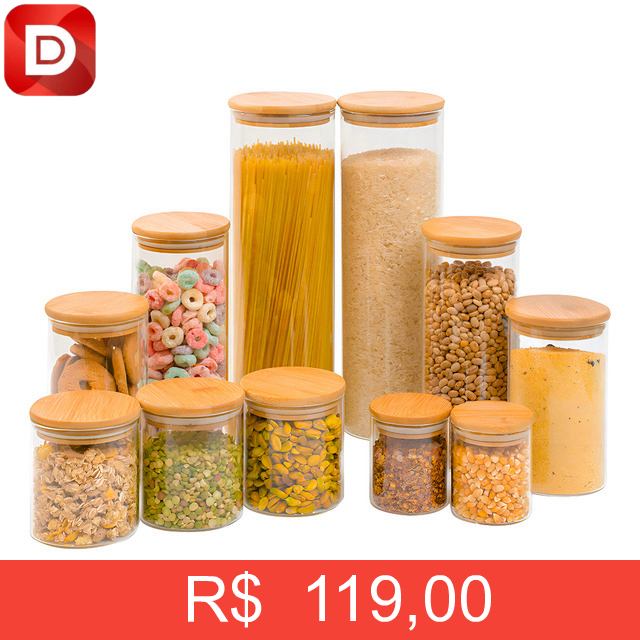 Foto do produto Kit com 11 Potes Vidro Tampa de Bambu Herméticos