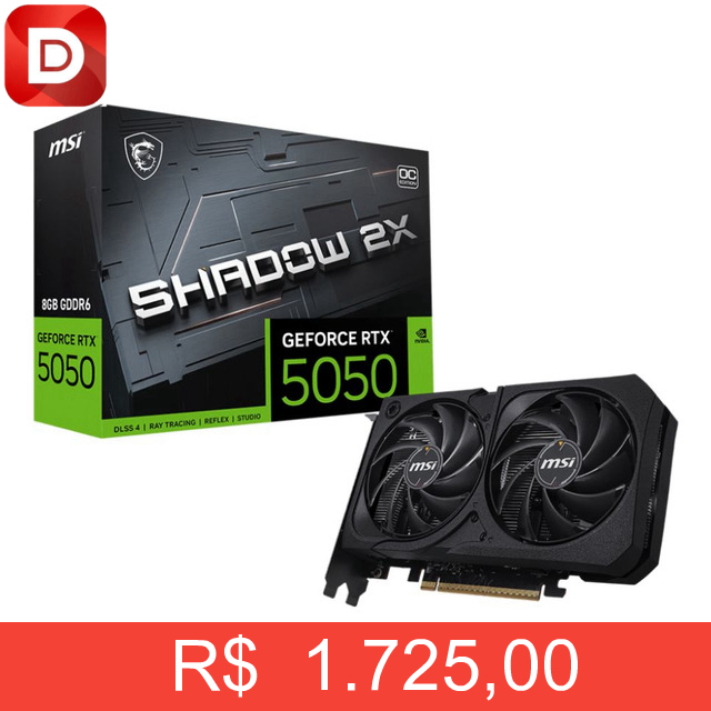 Foto do produto Placa de Vídeo Geforce RTX 5050 8GB Msi Shadow 2x Oc